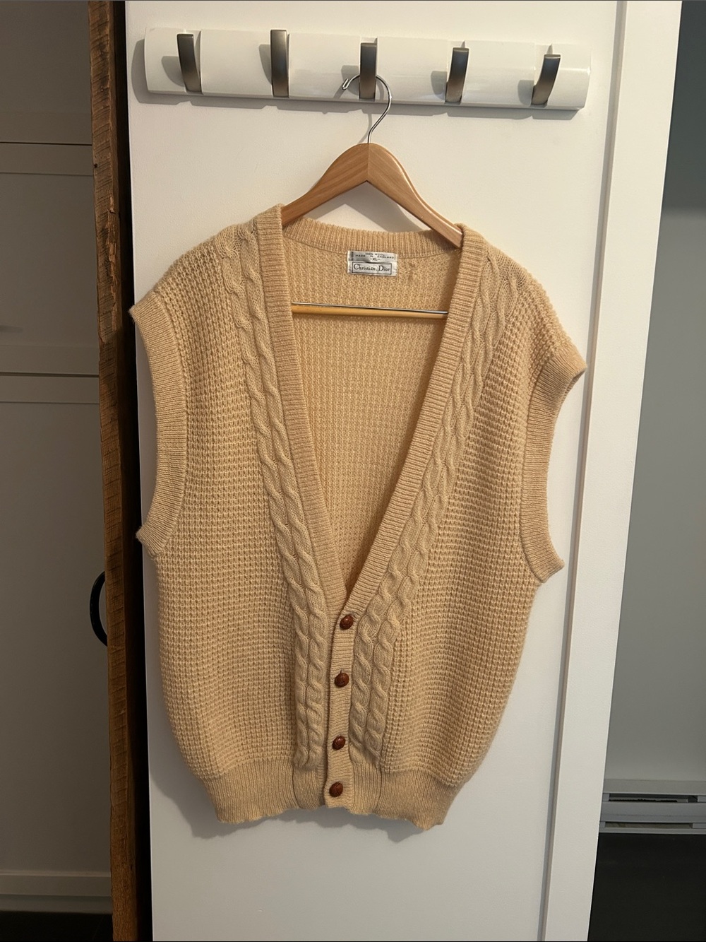 Authentic Christian Dior Wool, XL Cream Cable-Knit Button Front Sweater Vest